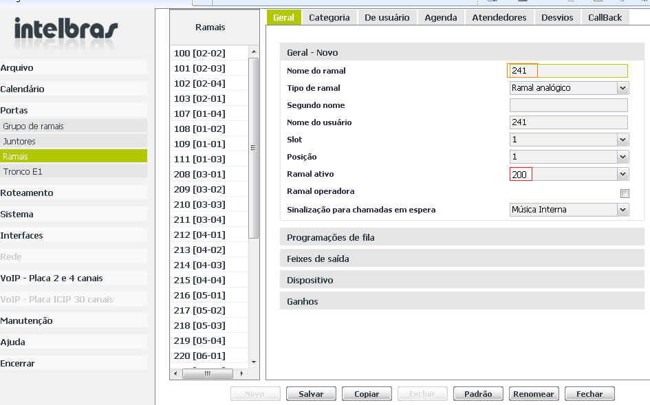 Depois de configurar o ramal virtual faça a associação dele ao grupo. No menu portas/grupo de Ramais, selecione o Grupo escolhido. 6.1.