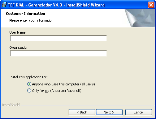 Execute o arquivo TEF DIAL - Gerenciador V4.0.msi (exceto para Windows 98, para o qual deve ser executado o arquivo instala.
