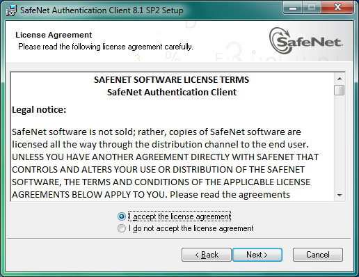 4ª Etapa Contrato de Licença Na 4ª Etapa, será apresentado o contrato de licença para a utilização do Safenet Authentication Client: Figura 3 - Aceitando o