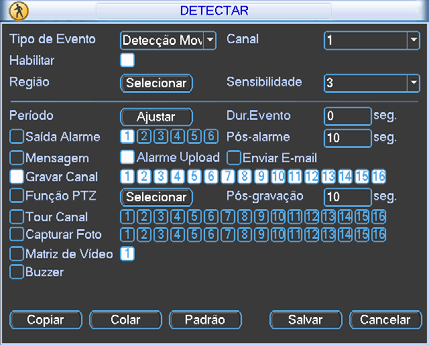 Detectar No Menu Principal acesse Ajustes>Detectar, para visualizar a interface de detecção de movimento, perda de vídeo e mascaramento.