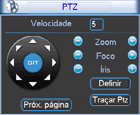 2. Em seguida, vá até Pan/Tilt/Zoom, ou então pressione o botão Fn no painel frontal ou no controle remoto. A interface será exibida conforme a figura a seguir: Controle PTZ 3.