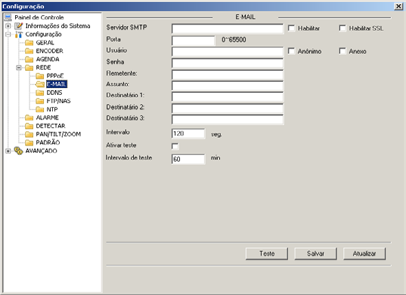 E-mail A tela E-mail será exibida conforme a figura a seguir: Servidor SMTP: digite o endereço do servidor SMTP.