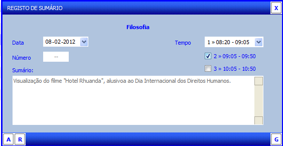 Numa aula constituída por dois ou três tempos letivos, é possível indicar que o sumário é o mesmo nos vários tempos letivos, colocando um visto nos tempos correspondentes.