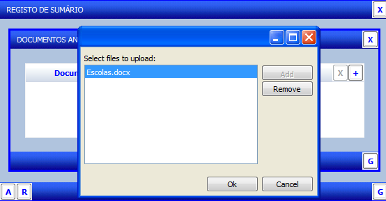 Será aberta uma janela onde clicando no botão [+] poderá adicionar um novo ficheiro. Figura 24: Escolher Ficheiros Se pretende adicionar novos ficheiros, clique novamente no botão [+].