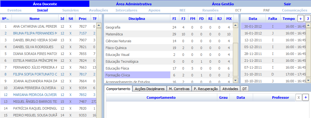 2.1. Inserir Faltas 2.1.1. Falta por aluno Se pretender adicionar faltas, deve selecionar um aluno e clicar no botão [+].