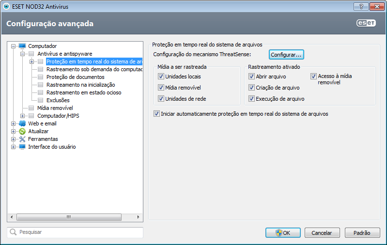 Por padrão, a proteção em tempo real do sistema de arquivos é ativada no momento da inicialização do sistema, proporcionando rastreamento ininterrupto.