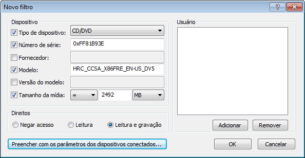 4.1.2.1 Regras de filtragem A janela Filtrar acesso ao dispositivo exibe as regras estendidas existentes para a mídia removível. Categoria - Tipo de mídia removível (CD/DVD/USB...).