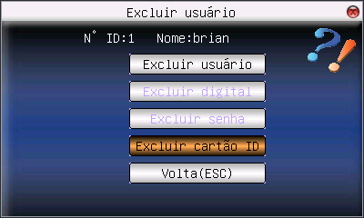 Excluir cartão ID: Remove o cartão de identificação cadastrado para o funcionário, mantendo no REP os demais dados. Volta (Esc): Volta para a tela anterior. 4.10.