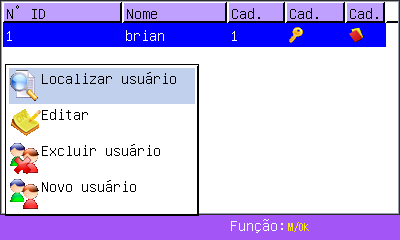 Excluir Usuário: Permite a exclusão do funcionário selecionado ou a exclusão parcial de seus dados de identificação (impressão digital, senha ou cartão de identificação).