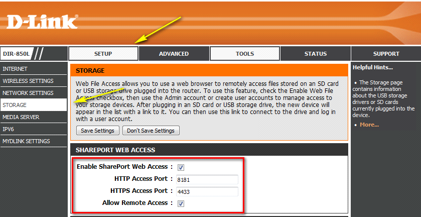 Etapa 3: Clique na guia Setup (Configuração) e, em seguida, clique em Storage (Armazenamento) no lado esquerdo Etapa 4: Selecione a opção Enable SharePort Web Access (Habilitar SharePort Web Access)