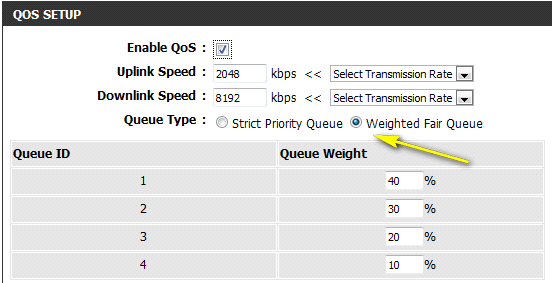 Weighted Fair Queue: o % pode ser modificado. Exemplo: Definir todos os PCs (endereço IP de 19