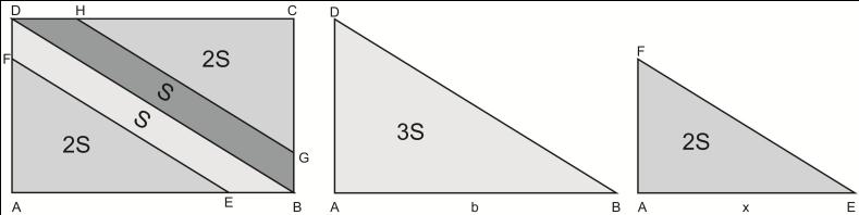 Como o retângulo foi dividido em três regiões de áreas iguais pelos segmentos EF e GH, tem-se Área AEF Área Área S Área S, logo, Área S e Área S BEFDHG CGH BEFD Sendo EF // BD, os triângulos ABD e