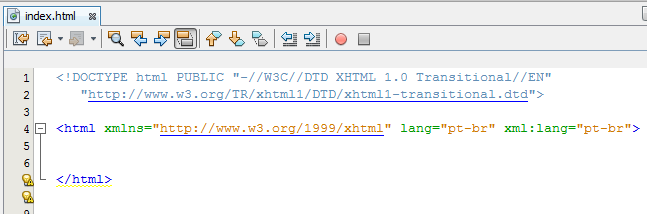 Inserindo tag HTML Observe que ela contém atributos. xmlns define a namespace do documento e é obrigatório.