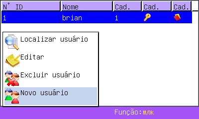 Observação: Se o usuário não possuir impressão digital ou senha, o item correspondente estará azul e não poderá ser alterado. Pressione / para selecionar o item a ser alterado.