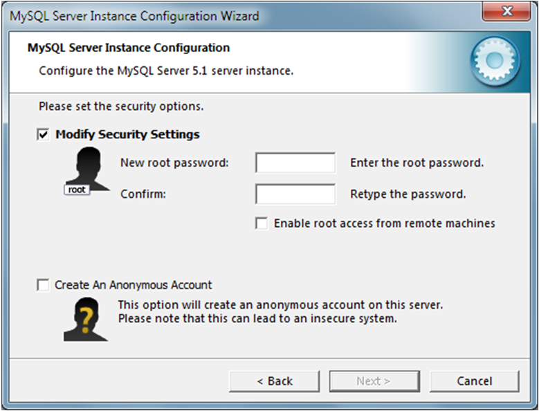 Selecione Install As Windows Service e em seguida clique em Next Selecione Modify Security Settings digite a senha na caixa de texto New root password e confirme a senha digitando-a novamente na
