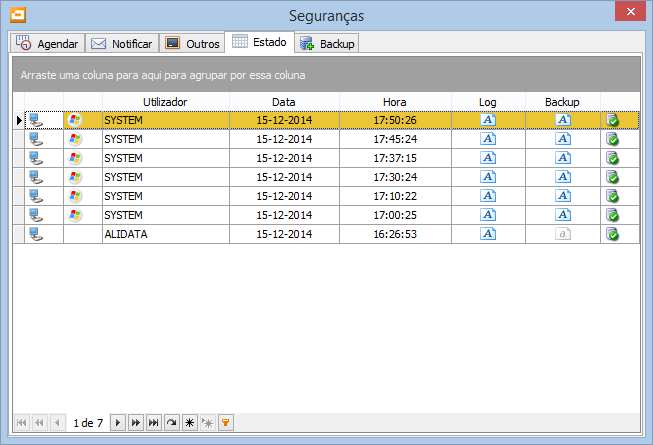 O separador Estado permite visualizar todos os backups feitos e respetiva informação.