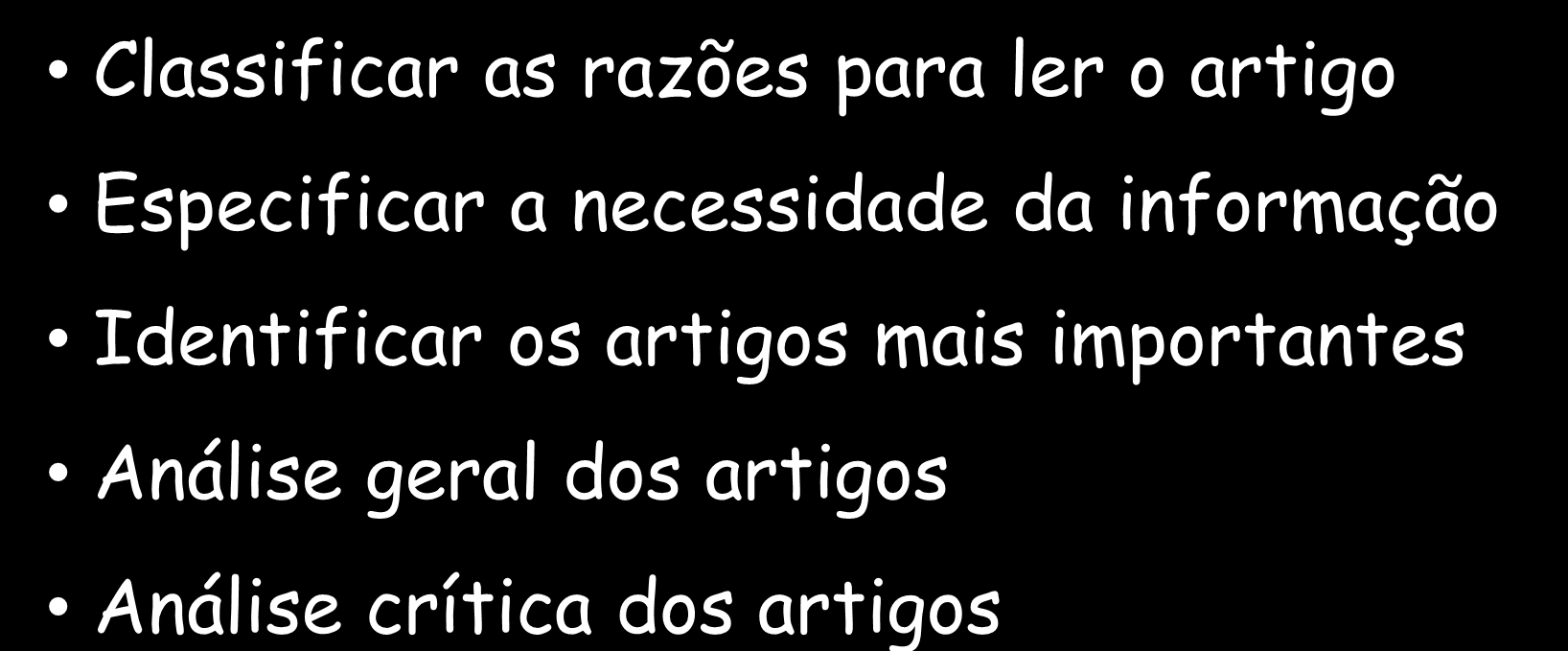 Artigos científicos Processo de leitura - Planejamento Classificar as razões para ler o artigo Especificar a necessidade da