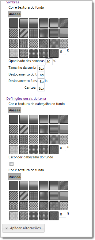 Definições Configuração do Gui Pré-visualização Um exemplo das alterações efectuadas. Cor da textura e fundo para o fundo (por defeito: branco).