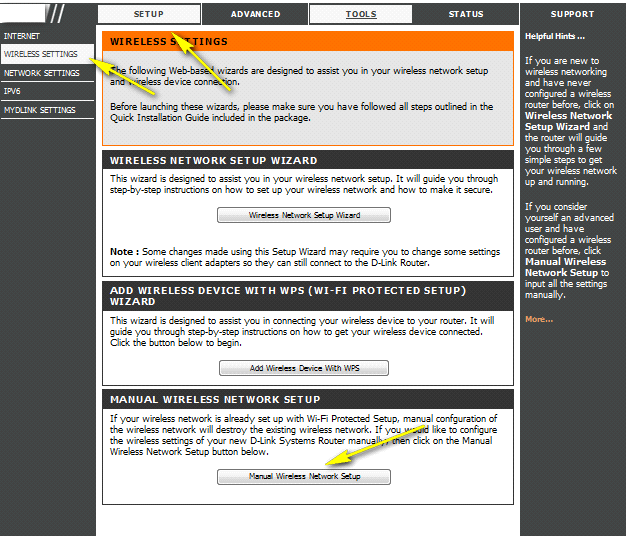 Etapa 2: Clique na guia Setup (Configuração) na parte superior e clique em Wireless Settings (Configurações