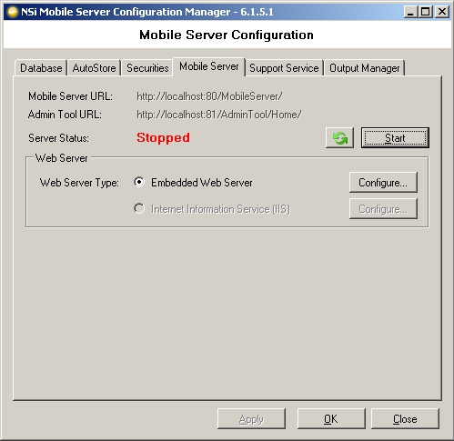 CONFIGURAÇÃO DO MOBILE SERVER CONFIGURAÇÃO DO NSI MOBILE COM O GERENCIADOR DE CONFIGURAÇÃO 1. No Gerenciador de Configuração, clique na guia Mobile Server: Figura 18. Configuração do AutoStore 2.