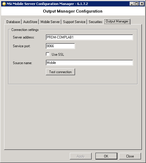 CONFIGURAÇÃO DO OUTPUT MANAGER CONFIGURAÇÃO DO NSI MOBILE COM O GERENCIADOR DE CONFIGURAÇÃO Esta página foi projetada para configurar o NSi Mobile Server para se comunicar com o NSi Output Manager.