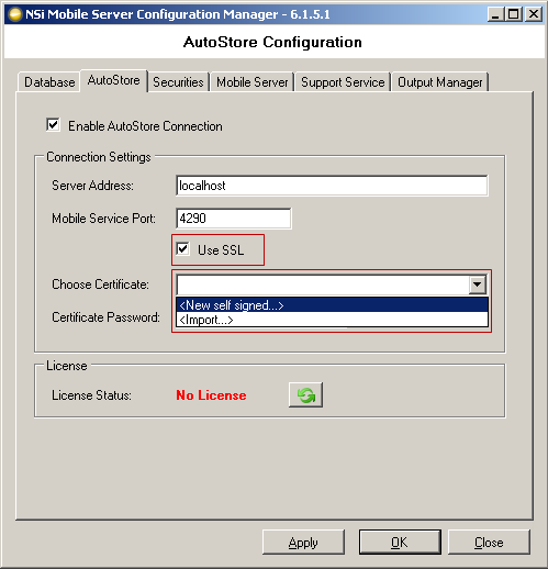 CONFIGURAÇÃO DO SSL PARA NSi MOBILE Figura 43. Configuração do AutoStore 3. Marque a caixa de seleção Use SSL (Usar SSL) 4.
