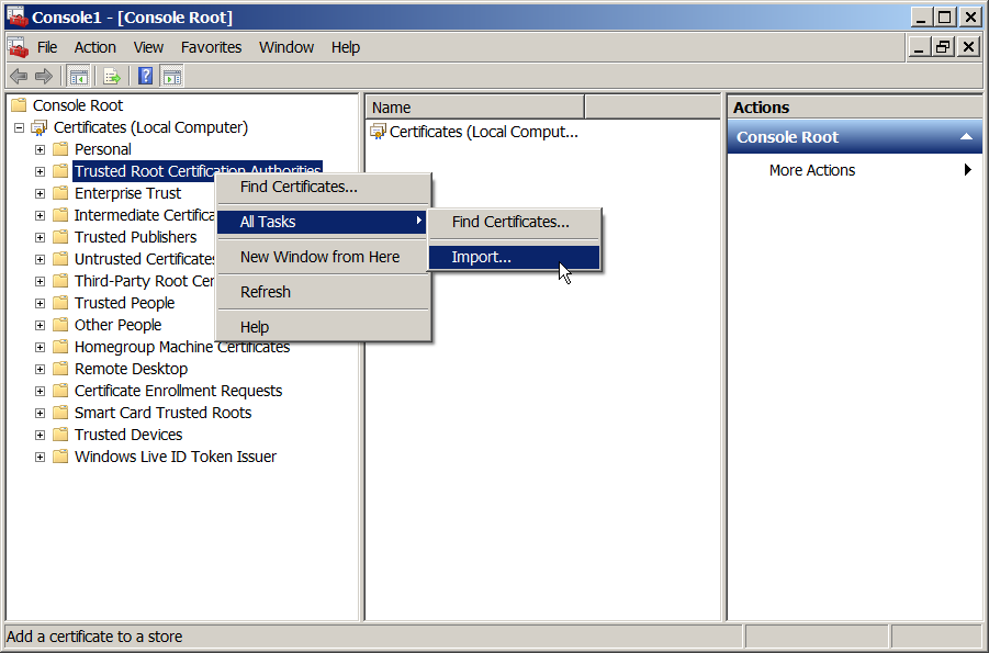 CONFIGURAÇÃO DO SSL PARA NSi MOBILE Figura 51. Computador gerenciado pelo snap-in Certificados 8. No painel de árvore do console MMC, expanda "Certificados (Computador Local)". 9.