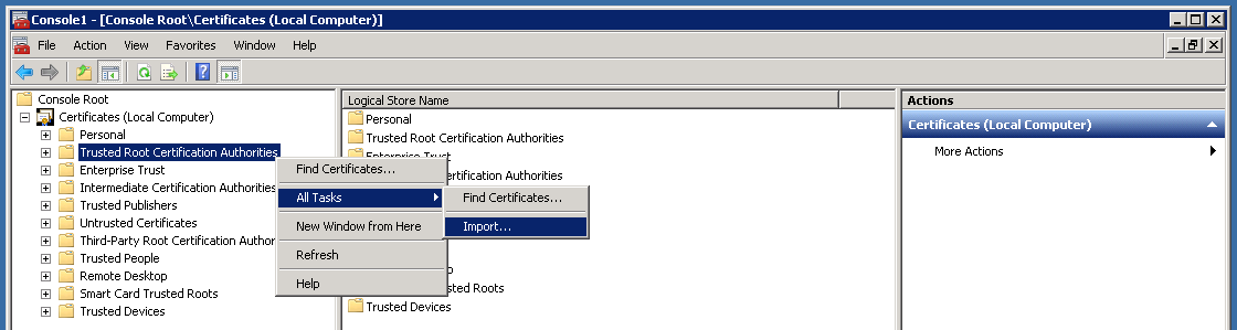 CONFIGURAÇÃO DO SSL PARA NSi MOBILE Figura 66. Concluindo a configuração do snap-in Certificados 7. Na árvore Raiz do Console, expanda Certificados. 8.