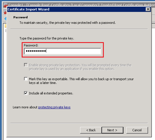 CONFIGURAÇÃO DO SSL PARA NSi MOBILE Figura 68. Selecionando o certificado 10. Insira a senha que foi usada para gerar o certificado no NSi Output Manager Server. Figura 69.