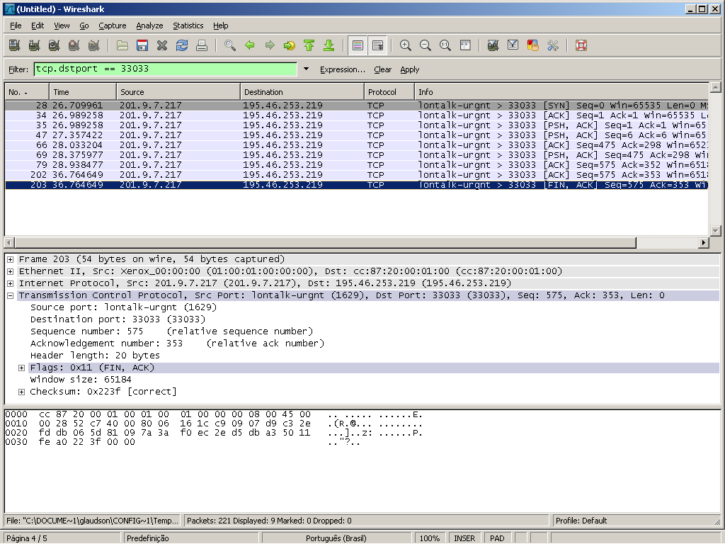 A figura abaixo demonstra a captura de dados enviados para uma porta 33033(TCP) usada por um bootstrap SN do Skype: (Figura 2 Wireshark demonstrando conexão na 33033/tcp pelo Skype) A porta de origem