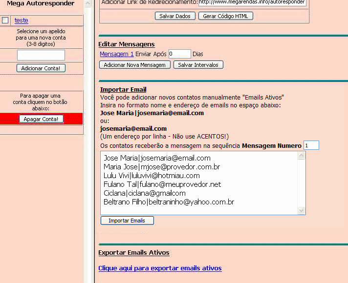 Clicando em Exportar Emails Ativos aparece uma