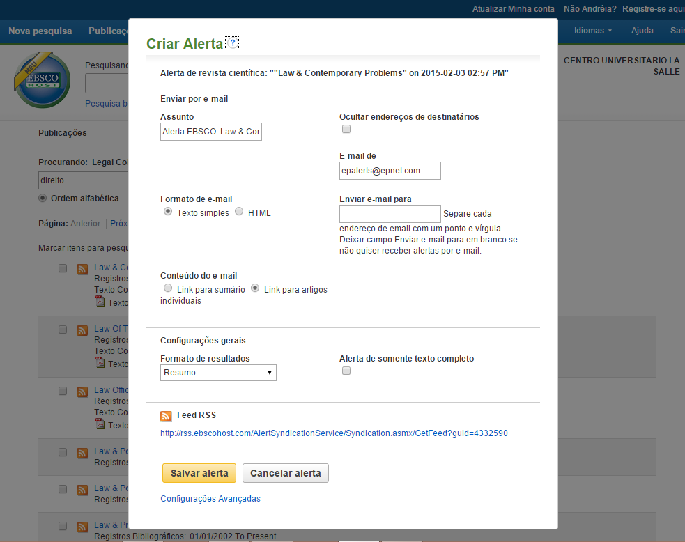 Na página Detalhes da Publicação da maioria das revistas científicas representadas na base de dados em que você está pesquisando, é possível configurar um Aviso de revista científica, que poderá ser