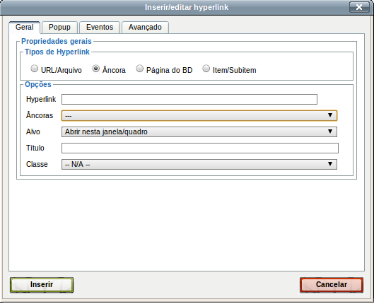 Hiperlink para Âncoras: Selecione o local para definir um ponto de ancoragem, clique no botão Inserir/editar âncora e defina um nome para ela.