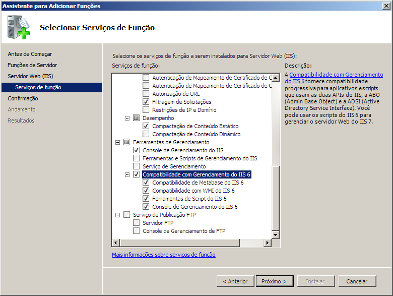 Recuperando servidores 5. Clique em Avançar. A janela Web Server (IIS) é exibida. 6.