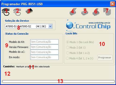 SOFTWARE DE GRAVAÇÃO USB (PROG-PRG-8051-USB) Este software é utilizado para gravar na memória flash do 8051 o programa do usuário previamente compilado, arquivo *.BIN.