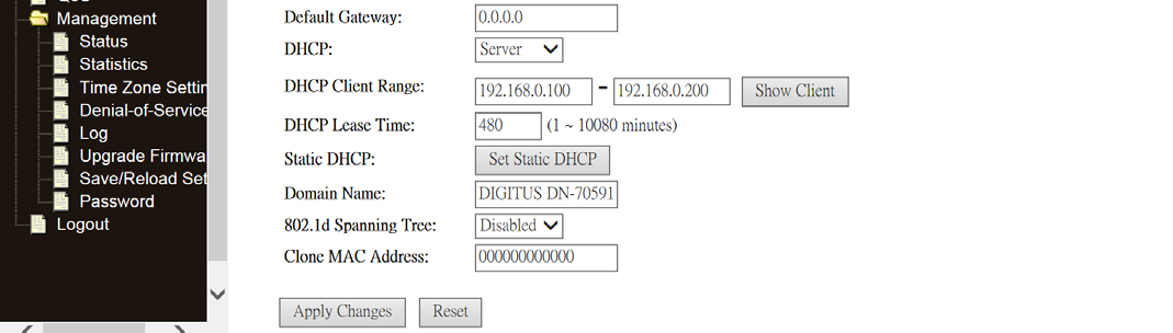 DHCP: Inserir o endereço IP do seu Router ou reiniciar o mesmo como predefinido em 192.168.0.1). Um código de endereço que determina o tamanho da rede. É normalmente utilizado 255.