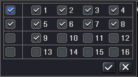 tela, conforme a Fig. 4-1: Clique no ícone ao lado do modo de visualização da tela, uma janela para seleção de canal surgirá como abaixo: Fig.4.1 Seleção de canais Tendo como exemplo o DVR de 16 canais: o usuário pode marcar 16 canais aleatoriamente, para exibição das imagens ao vivo.