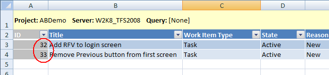 Figura 2: Trabalhando com itens de trabalho do Team Foundation Server no Microsoft Excel. 1.