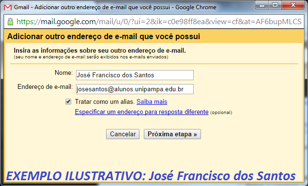 D) Na nova janela, Insira as informações sobre seu outro endereço de e-mail.