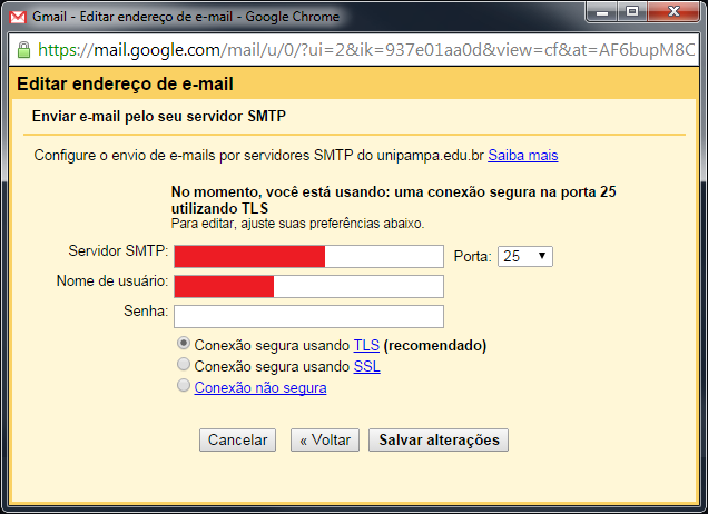 E) Apenas insira a nova senha. Clique em Salvar alterações. Pronto, está configurado com a nova senha institucional para envio de e-mails. a. OBSERVAÇÕES: Demais configurações deverão constar de acordo com o abaixo: i.