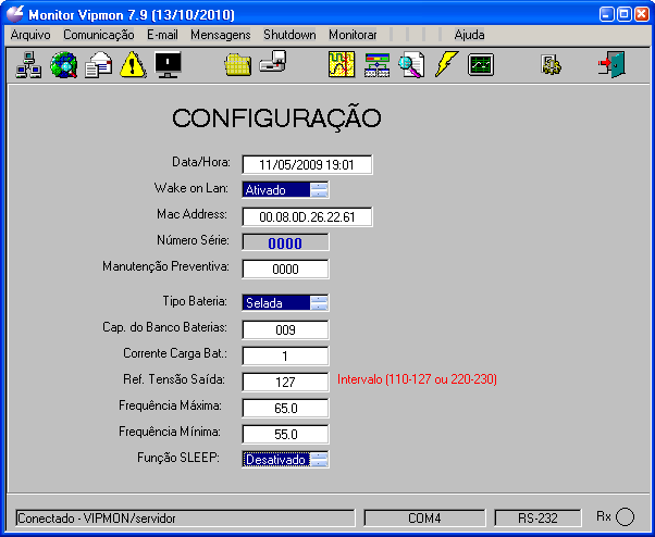 11. CONFIGURAÇÃO NOBREAK Esta ferramenta permite a configuração do NOBREAK (linha New Blue). Esta função só está disponível em equipamentos com placa de controle PC6 e FIRMWARE superior a 2.0.