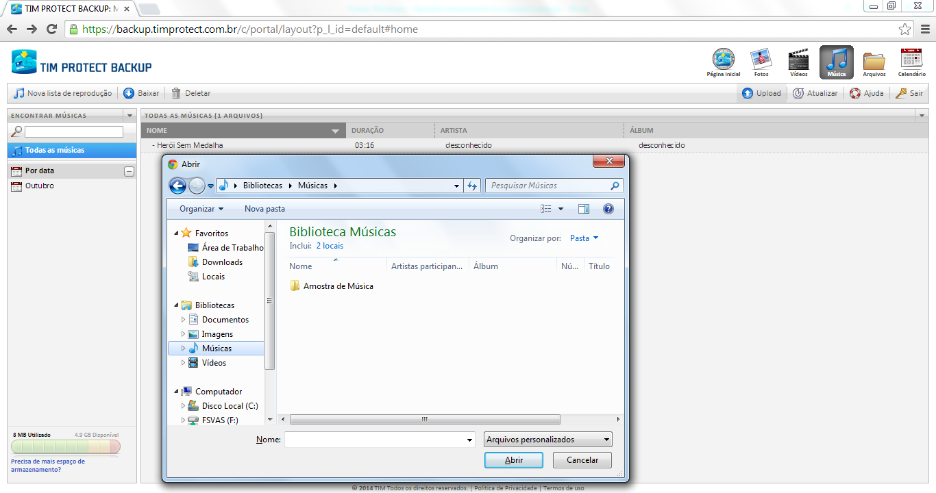 Clique em Salvar para concluir. 3.4.2 Upload Para subir músicas ao TIM PROTECT BACKUP clique em Upload.