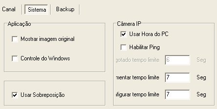 Na aba Sistema: Aplicação: Permite ajustar a resolução de vídeo da câmera pelo sistema operacional ou pelo programa. Mostrar imagem original: A resolução padrão do programa é de 1024 x 768.