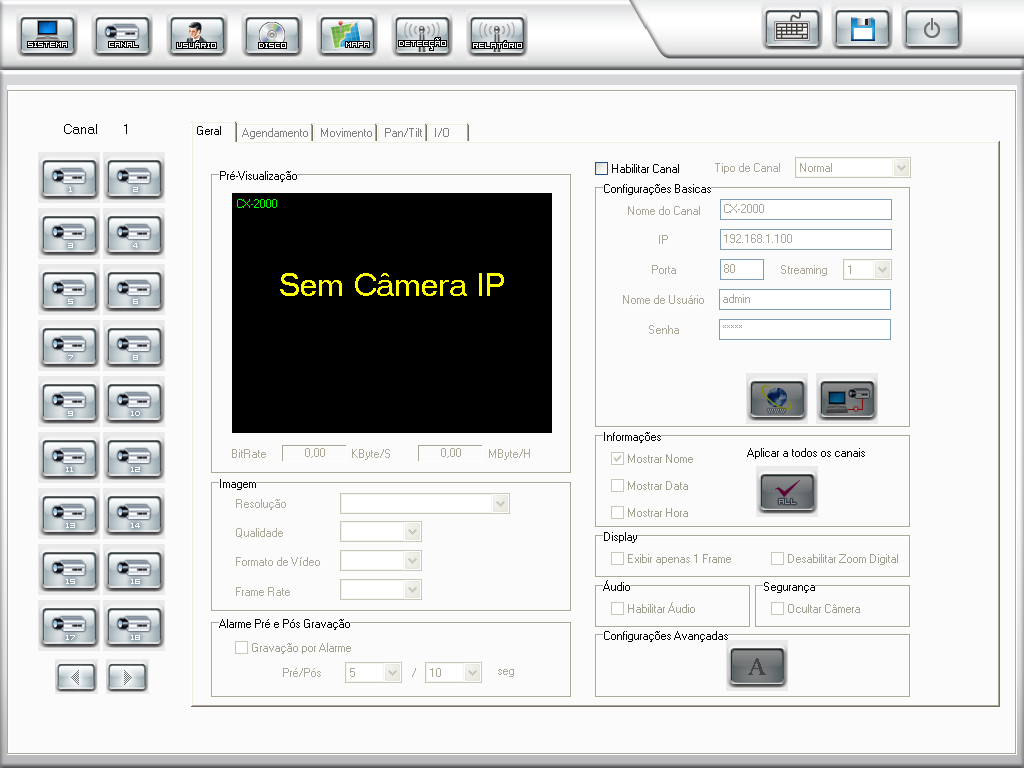 6.1.2 Canal Na categoria canal têm-se os seguintes itens a configurar: Habilitar Canal: Permite habilitar a configuração de uma câmera IP para um canal do programa.