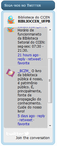 twitter da biblioteca, com informações sobre seu