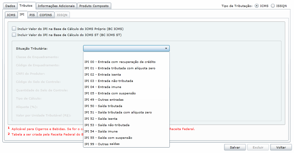 Página15 No IPI Imposto sobre Produtos Industrializados selecione a Situação Tributária e complete os demais campos que aparecem como obrigatórios logo abaixo.