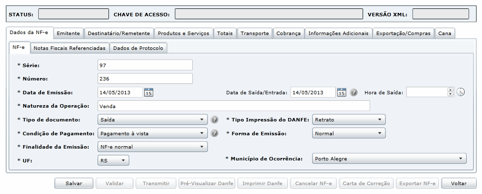 Página18 Dados da NF-e: Nesta aba, alguns dados já são preenchidos pelo sistema, porém todos os campos podem ser alterados, sendo que a série e o número são sequenciais.