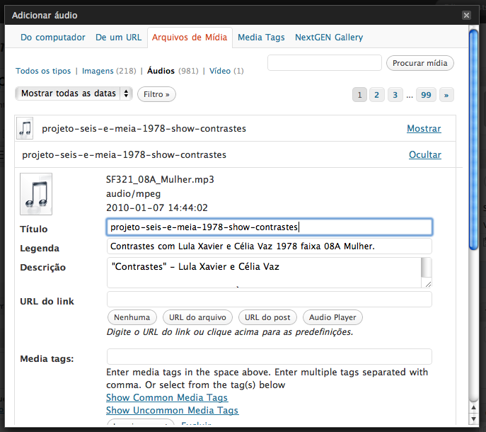 3.7) Inclusão de áudio Você pode inserir áudios já existentes no seu computador ou da Biblioteca.