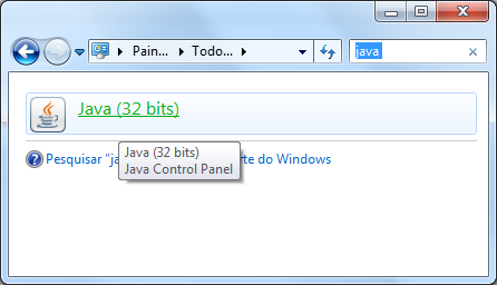 Em Pesquisar do Painel de Controle, digite Java.