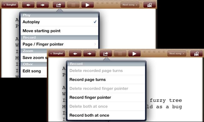 10 Gravar troca de página automática Na tela de documento PDF toque primeiro no botão ação, selecione depois Mudar de página / indicador de dedo e no final Mudar de